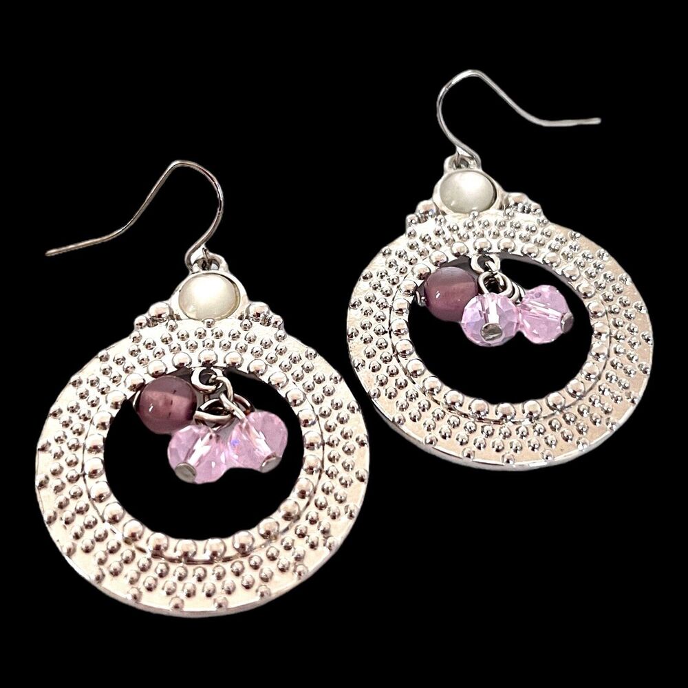 New Statement Earrings Silver Moon Glow Purple Crystals - 6B